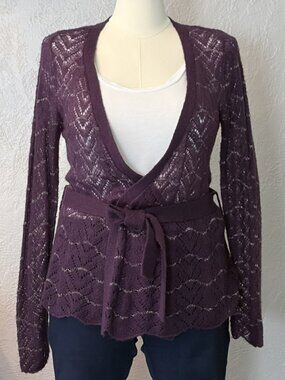 Kersh Plum Purple Tie Waist Wrap Cardigan Silver Woven Detail